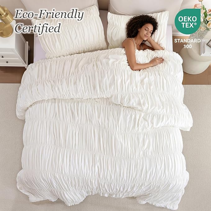 weigelia Cream Comforter Set King – Textured Ruched Cream Ivory King Comforter Set, Soft White Aesthetic Bedding with 2 Pillowcases, 3 Piece Modern Organic Bedroom Comforter Set
