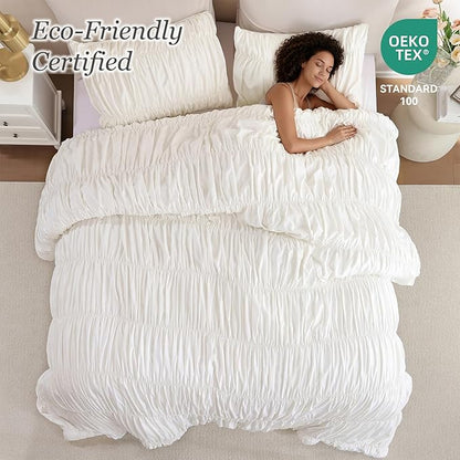 weigelia Cream Comforter Set Queen – Textured Ruched Cream Ivory Queen Comforter Set, Soft White Aesthetic Bedding with 2 Pillowcases, 3 Piece Modern Organic Bedroom Comforter Set