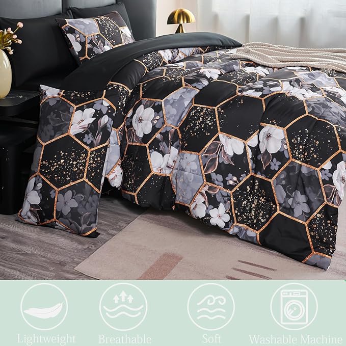 ANGIYUIN Black King Size Comforter Sets Marble Bed in A Bag with Sheets Flowers Bedding Sets for Women Men Gold Geometric Hexagon Print Comforter Bed Sets