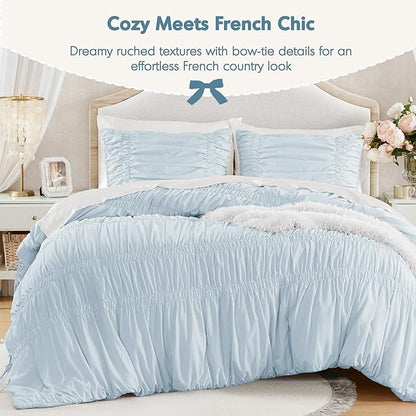Intelligent Design Ruched Shabby Chic Comforters for King Size Bed, All Season Lightweight Comforter King, French Country Bedding Set, Sham, Ella, King/Cal King, Blue, 3 Piece