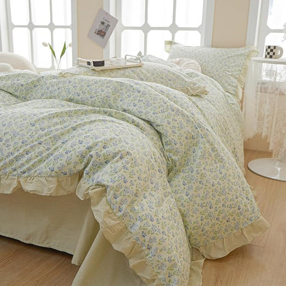 VM VOUGEMARKET Green Stripes Lace Comforter Set Full Reversible Ruffle Bedding Set Vintage Fresh Blue Flower Comforter with 2 Pillow Shams for Teen Girls(3pcs,Full)