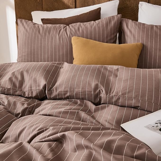 Merryword 100% Cotton Duvet Cover Set King Size, Brown Pinstripe Bedding Set with 2 Pillowcases, Soft Breathable Comforter Cover, Natural Cotton Linen Like Bedding Set for Cozy Home Bedroom