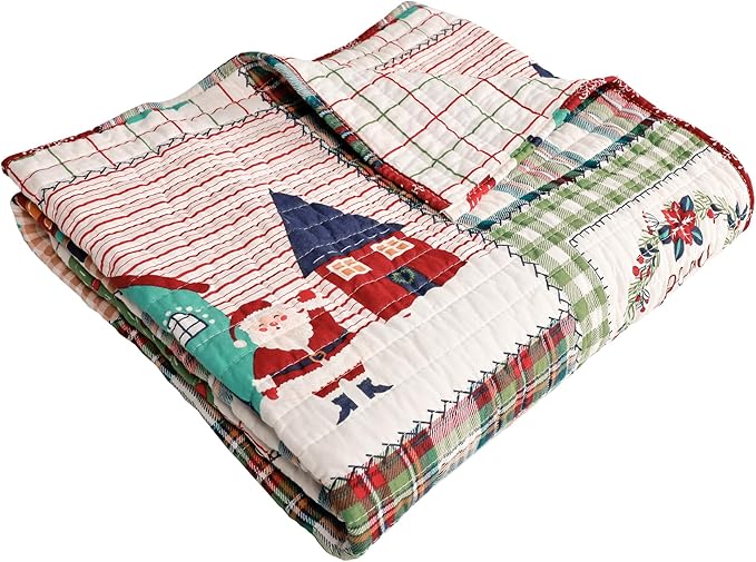 Levtex Home - Home for Christmas Sage - Quilted Throw (50x60in.) - Patchwork Holiday - Red Green White - Reversible - Cotton