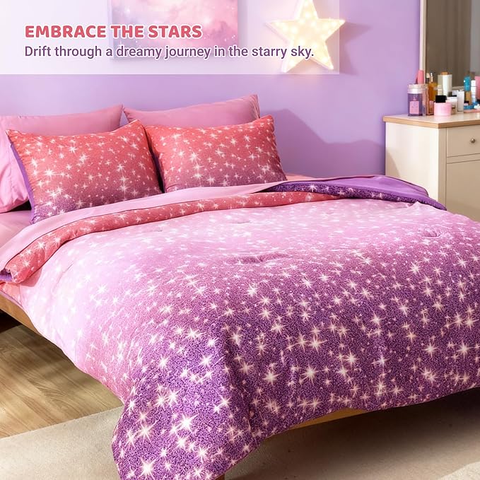 Twin Comforter Set for Girls, Kids - 5 Pieces Purple Galaxy Patterns Twin Bedding Sets for Girls Boys Teen, Soft Cozy Bed in A Bag with Sheets