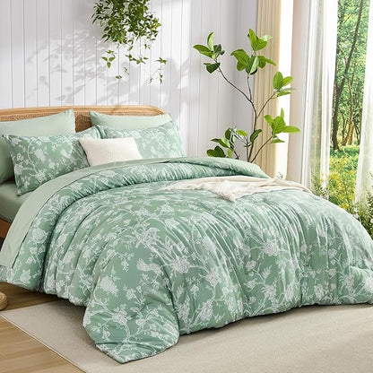 Luxudecor Floral Comforter Set Queen Size 7 Pieces, Green Flower with Bird Bed in a Bag, Soft Reversible Comforter with Sheet Bed Set 90"x90"
