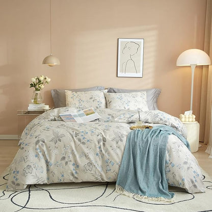 VM VOUGEMARKET Gray Blue Floral Duvet Cover Set King,Vintage Garden Style Botanical Bedding Set,100% Cotton Comforter Cover for Girls And Boys Women