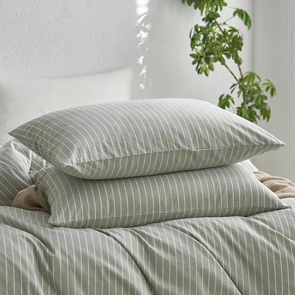 MooMee Bedding Pillowcases Striped Pack of 2 100% Washed Cotton Linen Like Textured Breathable Durable Soft Comfy (Sage Green White Wide Stripes, Queen)