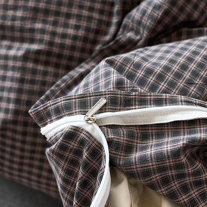 EAVD Vintage Style Dark Grey Plaid Duvet Cover King 100% Washed Cotton Like Linen Feel Soft Red Grid Gingham Bedding Set with 2 Pillowcases Reversible Retro Dark Grey Gingham Duvet Cover with Zipper