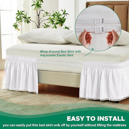 Biscaynebay Wrap Around Bed Skirts with Pompom for King Beds 15" Drop, White Adjustable Elastic Dust Ruffles Easy Fit Wrinkle & Fade Resistant Silky Luxurious Fabric Machine Washable