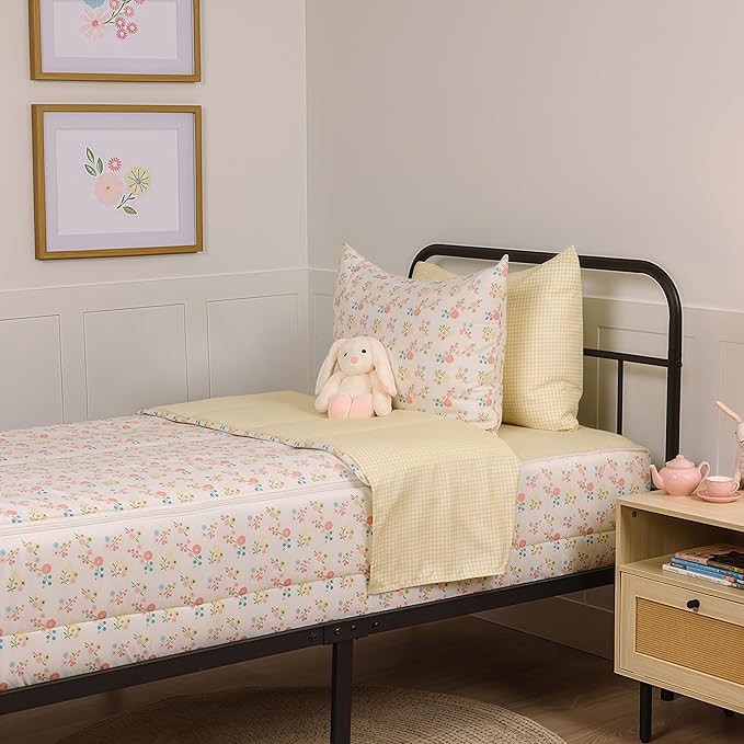 Beddy's Flower and Gingham Durable Zipper Bedding for Girls, Bed in a Bag, Floral Comforter & Yellow Gingham Sheets, Includes Pillowcase & Pillow Sham, Easy to Make & Wash - Toddler