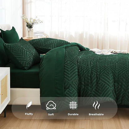 Andency Oversized King Comforter Set Dark Emerald Green - 7 Pieces Bed in a Bag Super King Bedding Sets, Boho Tufted Lightweight Fluffy Bed Set with Comforter, Sheets, Pillowcases & Shams