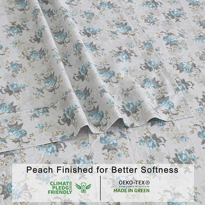 RUVANTI 100% Organic Cotton Sheets Full Size, Percale Weave, GOTS Certified, 4-Piece Set, Deep Pocket 15", Crisp & Breathable, Soft Durable Bedding, Sábanas Algodón Orgánico – Blue Rose