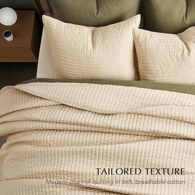 EVERGRACEHOME Cotton Sateen Quilt Set King Size, Pre-Washed Cotton Channel Stitch Coverlet Bedspread, 3 Pieces Lightweight Soft Bedding Sets for All Season, with 2 Pillow Shams, Light Sand