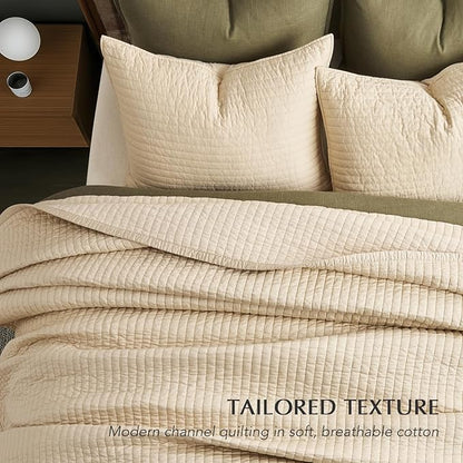EVERGRACEHOME Cotton Sateen Quilt Set King Size, Pre-Washed Cotton Channel Stitch Coverlet Bedspread, 3 Pieces Lightweight Soft Bedding Sets for All Season, with 2 Pillow Shams, Light Sand