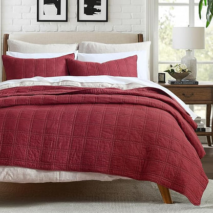 HORIMOTE HOME 100% Cotton Quilt Set King Size, Burgundy Red Pre-Washed Bedspreads Coverlet Set in Geometric Pattern, Cozy Lightweight Stitching Decorative Bedding Cover with 2 Shams for All Season
