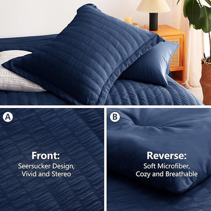 CozyLux Twin Comforter Set with Sheets 5 Pieces, Navy Blue Seersucker Textured Bed in a Bag, Luxury Soft Bedding Sets with Down Alternative Comforter, Sheets, Pillowcase & Sham for All Seasons