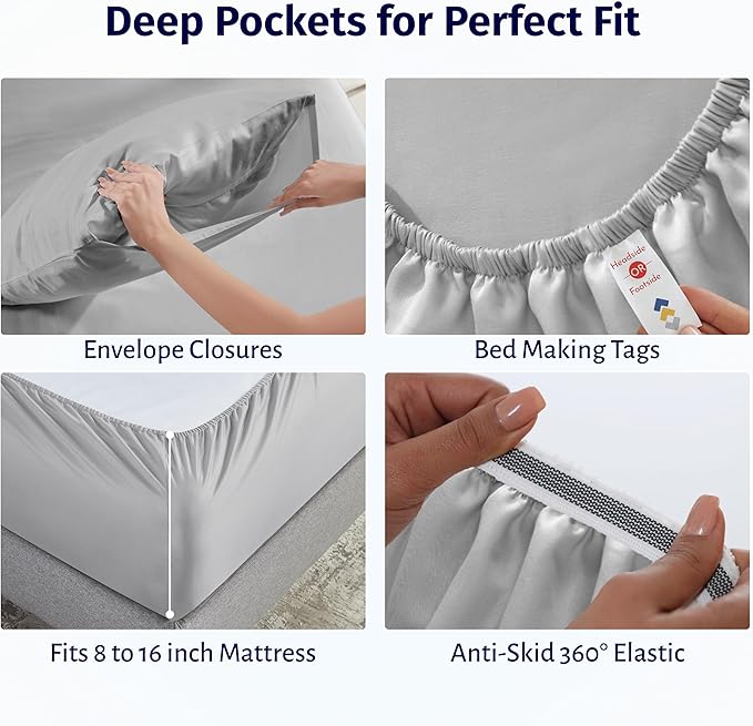 California Design Den Certified 100% Egyptian Cotton Sheets Queen Size Bed Set - Queen Sheet Set Percale with Deep Pockets, Lightweight, Crisp, Durable Luxury Bedding - Light Grey