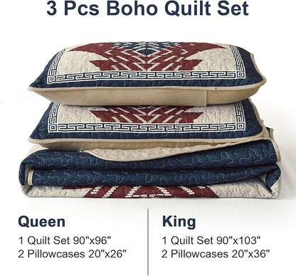 Dintszyayue Blue and Red Quilt Set King Size Boho,3 Piece Aztec Texture Bedspread Coverlet Set Soft Lightweight Bedding Set Geometric Bohemian Bedspread with 2 Pillowcases(Blue Red,90"x103")