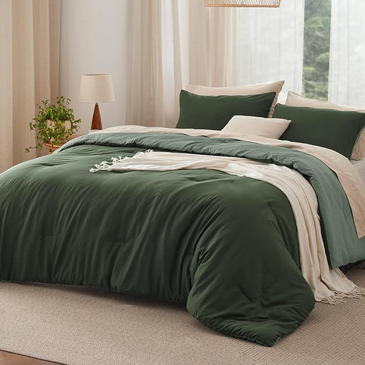 Bedsure Queen Comforter Set, Dark Olive Green Soft Prewashed Bedding for All Seasons, 3 Pieces GentleSoft™ Bed Set, 1 Lightweight Comforter (90"x90") and 2 Pillowcases (20"x26")