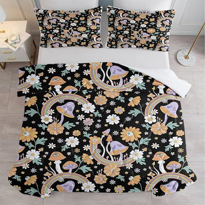 SOULZZZ Retro Hippie Mushroom Bedding Set Queen Size, Floral Daisy Mushroom Quilt for Girls Women Flower Green Leaf Rainbow Mushroom Black Comforter with 2 Pillowcases
