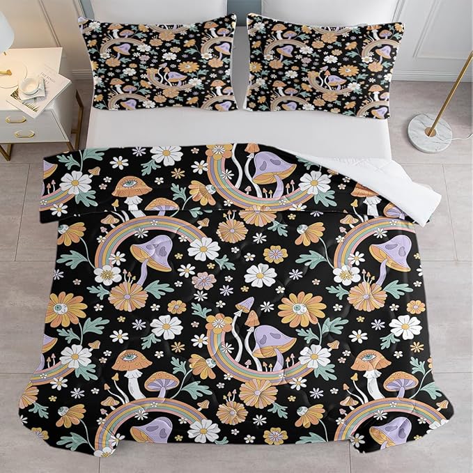 SOULZZZ Retro Hippie Bedding Set Twin Size, Floral Daisy Mushroom Quilt for Girls Women, Rainbow Mushroom Black Comforter with 2 Pillowcases