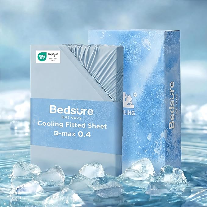 Bedsure Cooling Fitted Sheet Queen Size for Hot Sleeper, Queen Fitted Sheet Only with 360° Elastic Band, Q-Max 0.4, Temperature Regulation Bedding for Night Sweats, 16" Deep (up to 18"), Blue