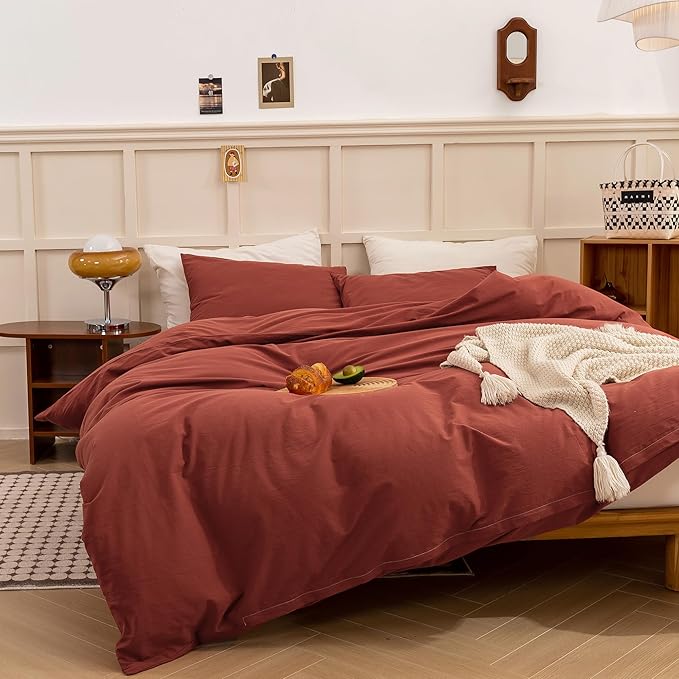 ECOCOTT Duvet Cover Queen Size - Linen Feel Organic Natural 100% Washed Cotton, Soft Breathable 3 Pieces Bedding Set with Zipper Closure, Burnt Brick Red