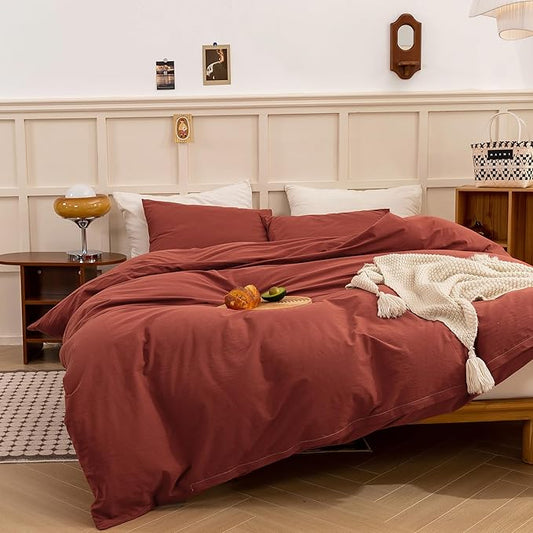 ECOCOTT Duvet Cover Queen Size - Linen Feel Organic Natural 100% Washed Cotton, Soft Breathable 3 Pieces Bedding Set with Zipper Closure, Burnt Brick Red