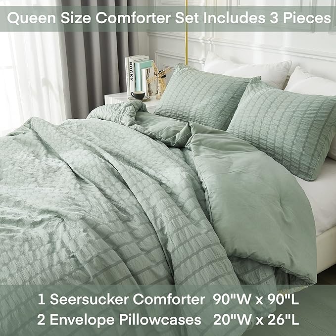 AveLom Seersucker Queen Comforter Set, Sage Green, 90x90, 3 Pieces