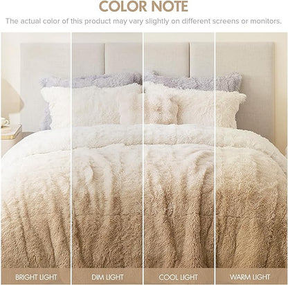 Intelligent Design Long Shaggy Faux Fur Comforter Set, Soft Plush Reverse, Chic Ombre Design Queen Size Comforter Sets, All Season Bedding Set, Matching Sham, Brielle, Full/Queen(90"x90") Natural