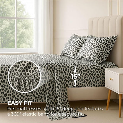 Satin Sheets Queen [4-Piece, Silver Leopard] Hotel Luxury Silky Bed Sheets - Extra Soft 1800 Microfiber Sheet Set, Wrinkle, Fade, Stain Resistant - Deep Pocket Fitted Sheet, Flat Sheet, Pillow Cases
