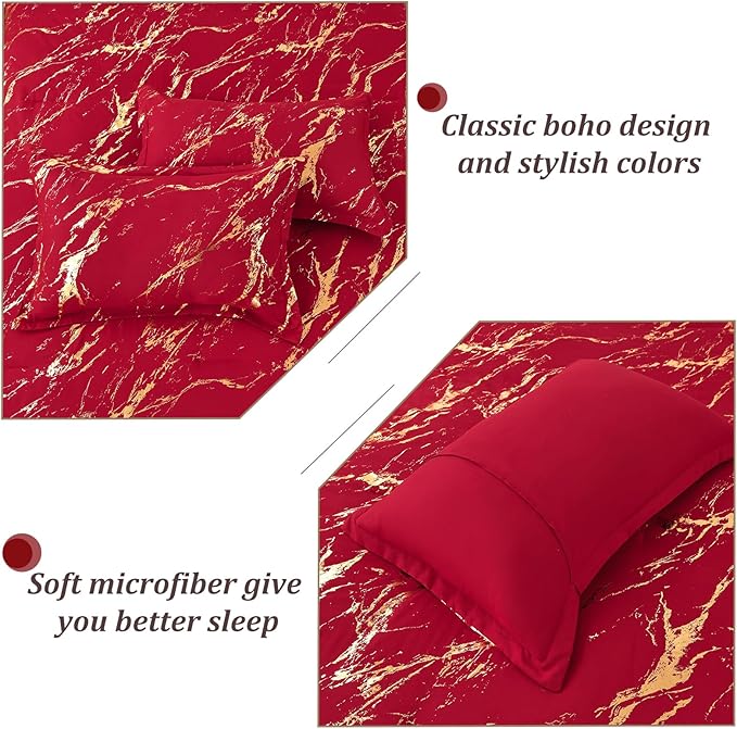 WONGS BEDDING Red Gold Metallic Marble Comforter Set Queen,Red Christmas Bedding Sets with 2 Pillowcases for All Seasons, Soft Microfiber Filling Bedding Duvet Set 90"x90"