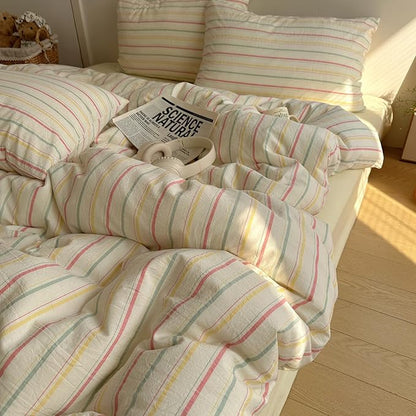 EAVD Colorful Striped Duvet Cover King Soft 100% Cotton Vintage Pink Green Yellow Stripes Printed Bedding Set with 2 Pillowcases Retro Reversible Geometric Comforter Cover with Zipper Corner Ties