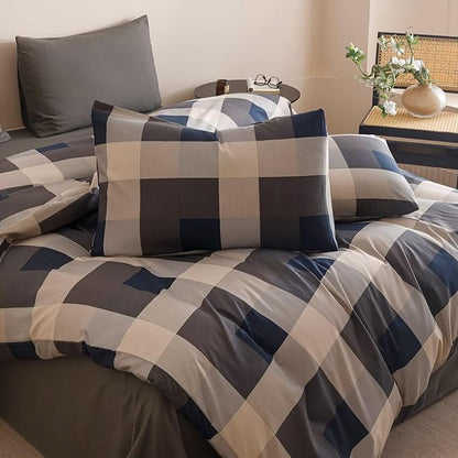Houseri Blue Plaid Comforter Set Twin Vintage Grid Bedding Sets