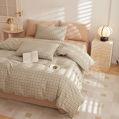EAVD Retro Tan Gingham Duvet Cover Queen Khaki Brown Grid Plaid Bedding Set Soft 100% Washed Cotton Like Linen Feel Soft 3-Piece Brown Vintage Checkered Plaid Duvet Cover with Zipper Closure