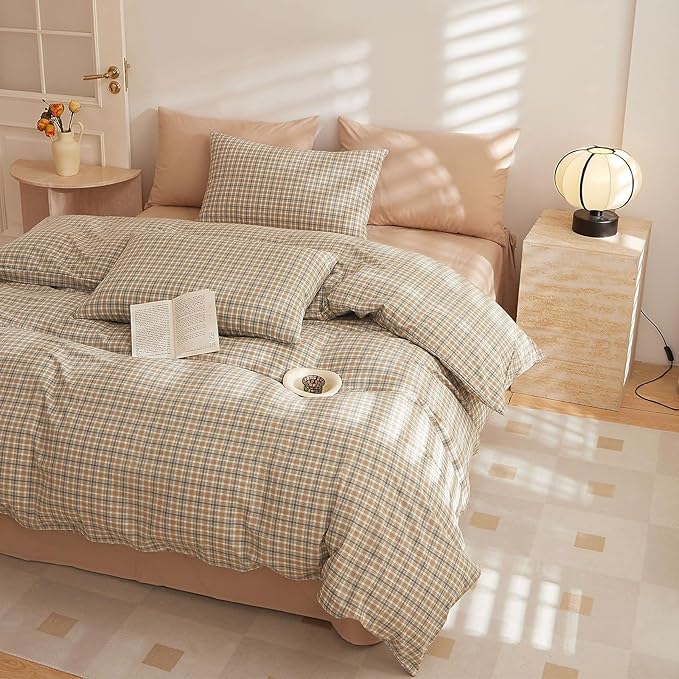 EAVD Retro Tan Gingham Duvet Cover Twin Khaki Brown Grid Plaid Bedding Set Soft 100% Washed Cotton Like Linen Feel Soft 3-Piece Brown Vintage Checkered Plaid Duvet Cover with Zipper Closure