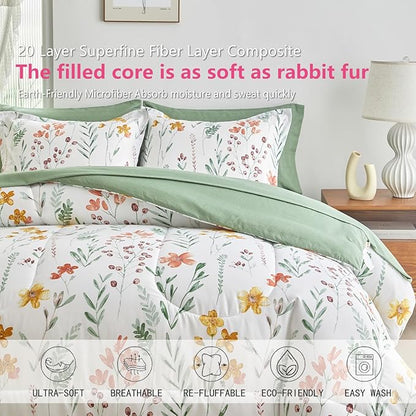 AIKASY Bed in a Bag 7 Pieces Queen Size - Floral Print - Soft Microfiber, Reversible Bed Comforter Set (1 Comforter, 2 Pillow Shams, 1 Flat Sheet, 1 Fitted Sheet, 2 Pillowcases)（White,Queen）