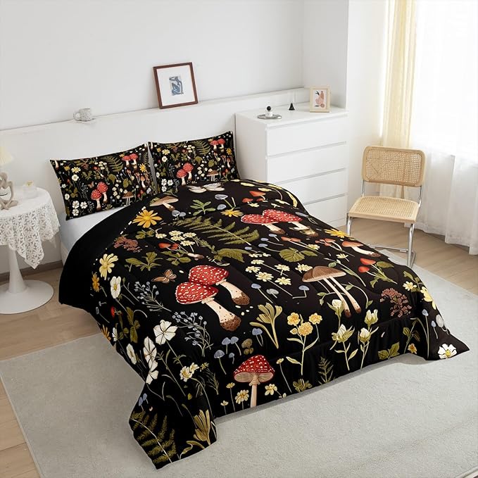 Feelyou Mushroom Comforter Set Twin Size Boho Comforter Western Decor Bedding Set Southwest Native American Design Duvet Set Room Decor Bronze Black Quilt Set