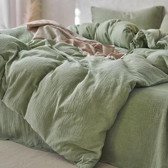 EAVD Solid Color Mint Green Duvet Cover King Soft Breathable 100% Cotton Muslin Linen Like Gauze Bedding Comforter Cover with 2 Pillowcases Modern Simple Mint Green Comforter Cover with Zipper Closure