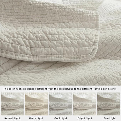 palassio Striped Beige 100% Cotton Quilt Twin Size Bedding Sets, Lightweight Crinkly Channel Pick Stitch Textured Bedspread Soft Shabby Chic Farmhouse Country Coverlet for All Season, 1 Sham