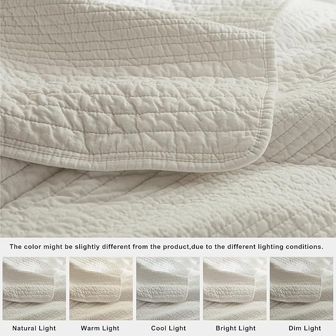 palassio Striped Beige 100% Cotton Quilt King Size Bedding Sets, Lightweight Crinkly Channel Pick Stitch Textured Bedspread Soft Shabby Chic Farmhouse Country Coverlet for All Season, 2 Shams
