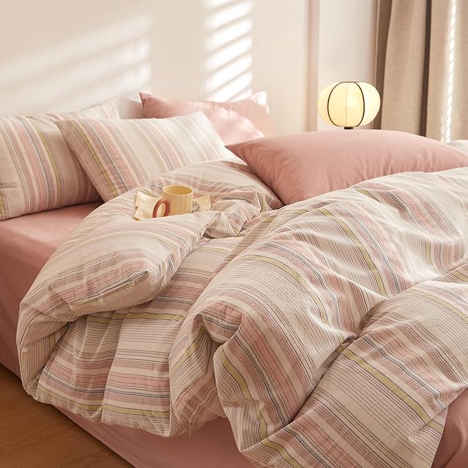 EAVD Striped Comforter Set Queen Multi-Color Striped Bedding Comforter Set 3 Pieces Farmhouse Geometric Bedding Set with 2 Pillowcases for All-Season Soft Fluffy Lightweight
