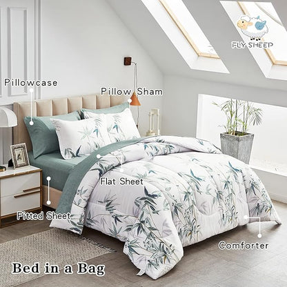 7 Piece Bed in a Bag King Comforter Set with Sheets, Green Leaves on White Botanical Design Bedding Sets for All Season (1 Comforter, 2 Pillow Shams, 1 Flat Sheet, 1 Fitted Sheet, 2 Pillowcases)