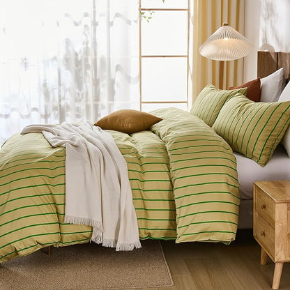 Merryword Striped Duvet Cover Set King Size - 100% Cotton Duvet Cover Set, Khaki & Green Stripes Pattern Comforter Cover 3 Pieces, Soft Linen Like Bedding Set for All Seasons