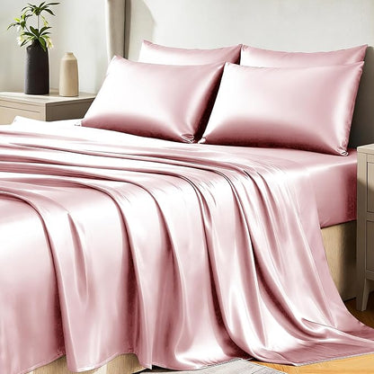 CozyLux Satin Sheets King Size Sheet Set - 6 Piece Silky King Sheets, Luxury Dirty Pink King Bed Set with Smooth and Soft Microfiber, Includes 1 Fitted Sheet, 1 Flat Sheet and 4 Pillowcases