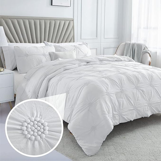 Swift Home Twin/Twin XL White Comforter Set - Ruched 3D Floral Pintuck Bedding Set - 2 Pieces Bed Linen, 1 Comforter and 1 Pillow Sham