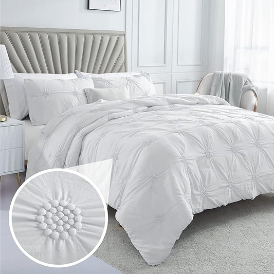 Swift Home Full/Queen White Comforter Set - Ruched 3D Floral Pintuck Bedding Set - 3 Pieces Bed Linen, 1 Comforter and 2 Pillow Shams