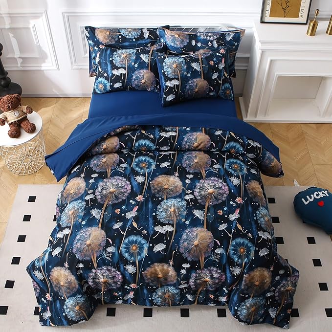 Glow in The Dark Kids Comforter Set, 7 Pieces Blue Dandelion Bedding Set Full Size for Boys Girls Teen, 1 Comforter, 2 Pillowcases, 2 Pillow Shams, 1 Flat Sheet, 1 Fitted Sheet