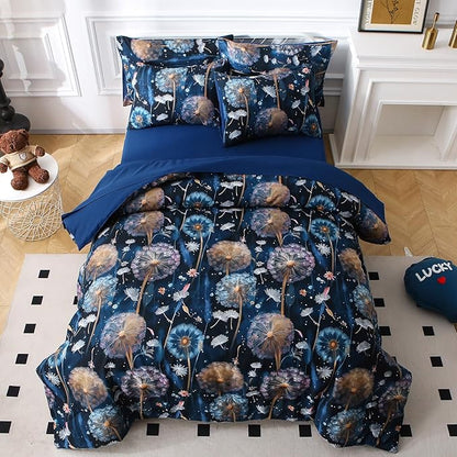 Glow in The Dark Kids Comforter Set, 7 Pieces Blue Dandelion Bedding Set Full Size for Boys Girls Teen, 1 Comforter, 2 Pillowcases, 2 Pillow Shams, 1 Flat Sheet, 1 Fitted Sheet