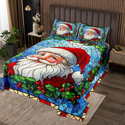 Santa Claus Kid Bedspread Twin Size,Merry Christmas Happy New Year Western Holiday Coverlet Set,Boys Girls Room Decor,Poinsettia Flower Geometric Quilted Coverlet,Xmas Bedding Quilt,1 Pillowcase
